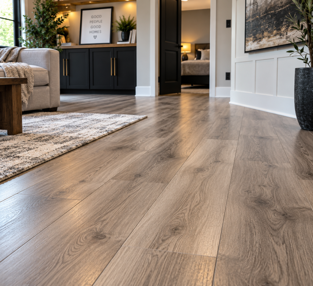 Professional laminate flooring installation with precise cuts, tight seams, and proper floor preparation for a durable, beautiful finished look.