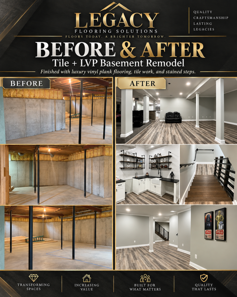Before and after LVP flooring and tile basement remodel by Legacy Flooring Solutions