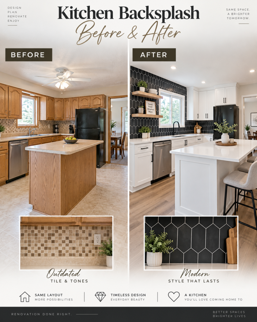 Before and after kitchen backsplash installation by Legacy Flooring Solutions