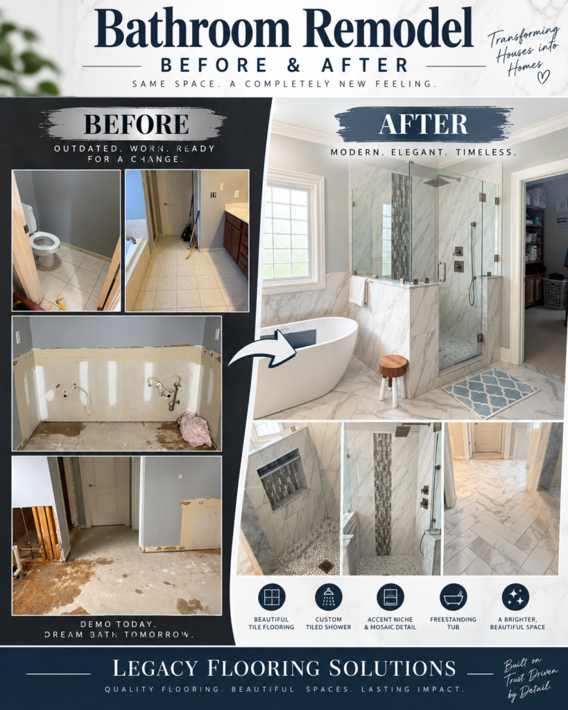 Before and after bathroom tile remodel by Legacy Flooring Solutions